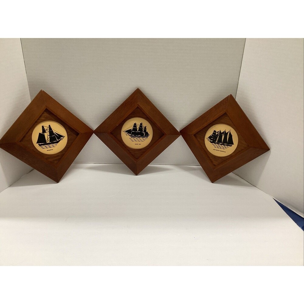 vtg wooden framed wall hanging black cut silhouette sailing ships set of 3